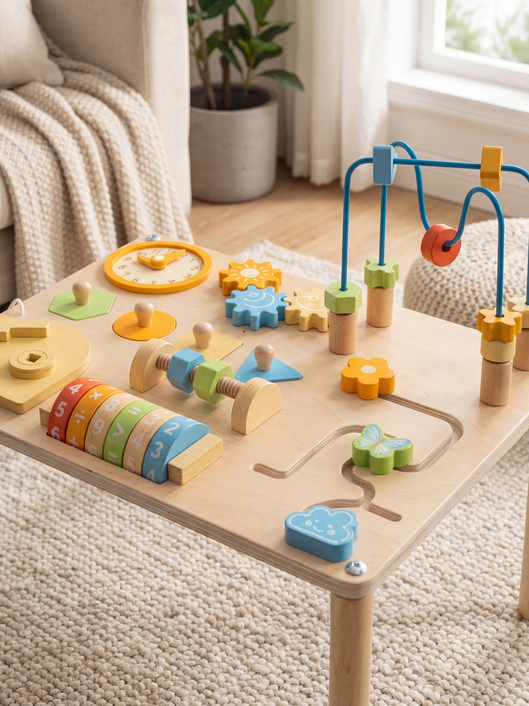 Jeux d’éveil en bois intégrés à une table d’activités bébé Montessori