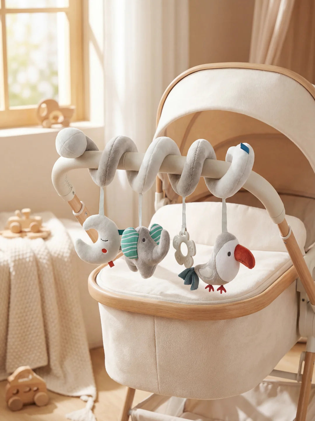 Jouet de poussette minimaliste gris installé sur le landau d'un nouveau-né dans une chambre claire.