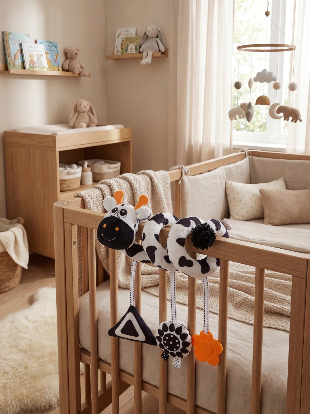 Jouet sensoriel pour bébé aux motifs noir et blanc installé dans une chambre de style naturel.