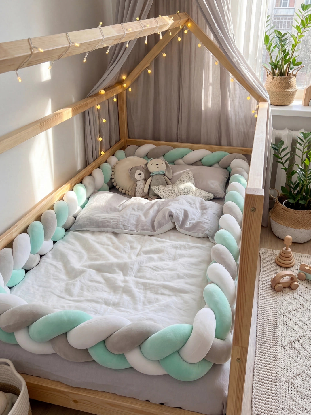 Chambre enfant complète avec lit cabane, ciel de lit gris et un grand tour de lit tressé vert pastel pour la sécurité.