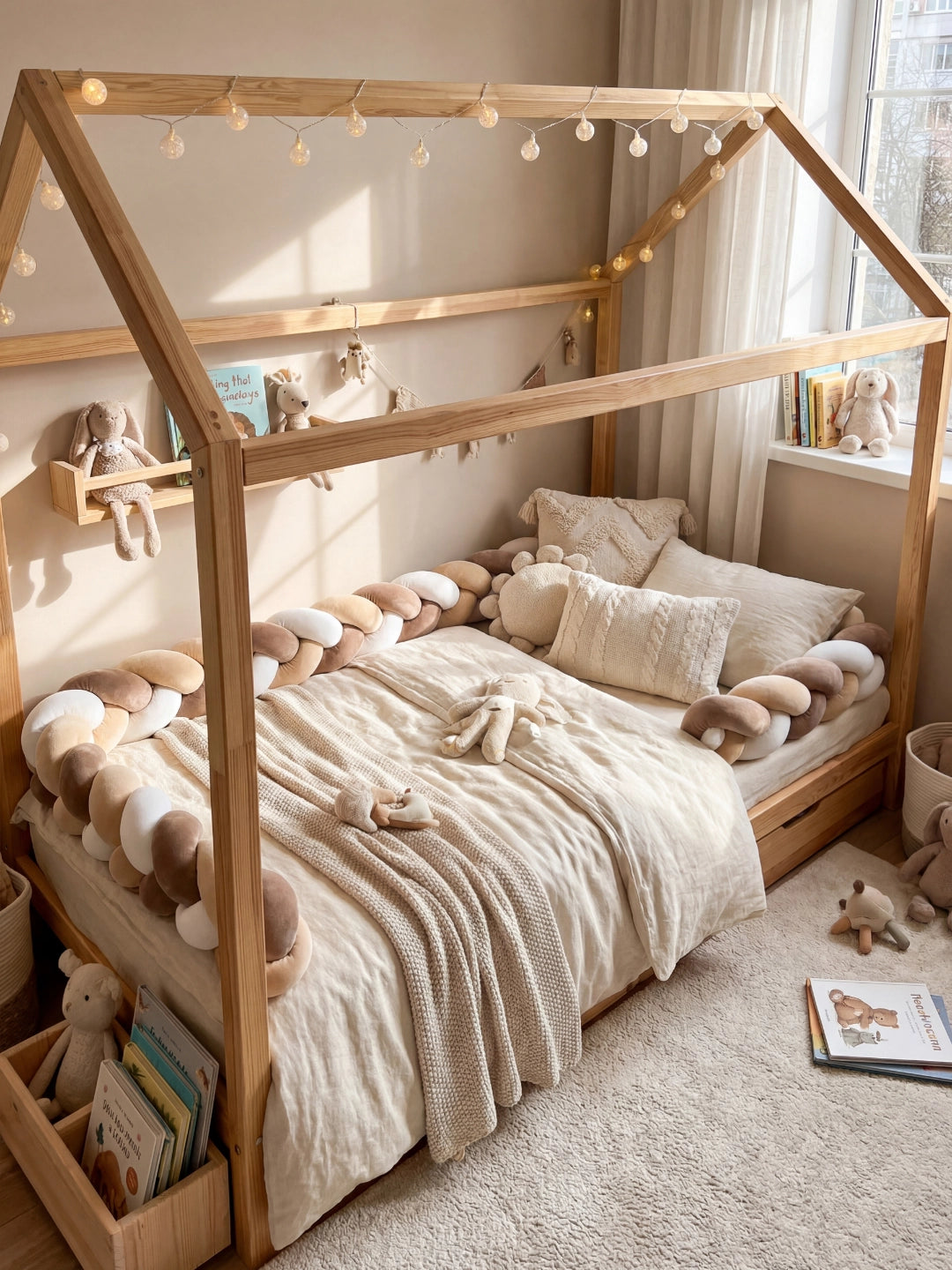 Chambre enfant au style bohème chic avec un lit cabane en bois, des guirlandes et un tour de lit tressé beige et marron.