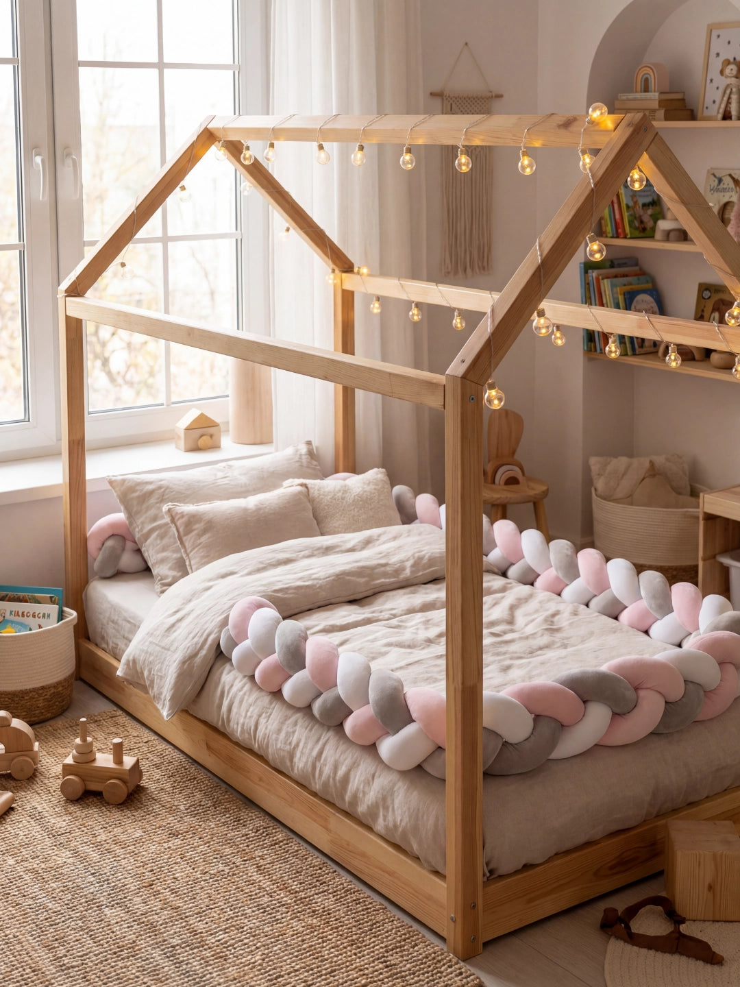 Lit cabane en bois décoré de guirlandes lumineuses et sécurisé par un tour de lit tressé tricolore faisant tout le tour.