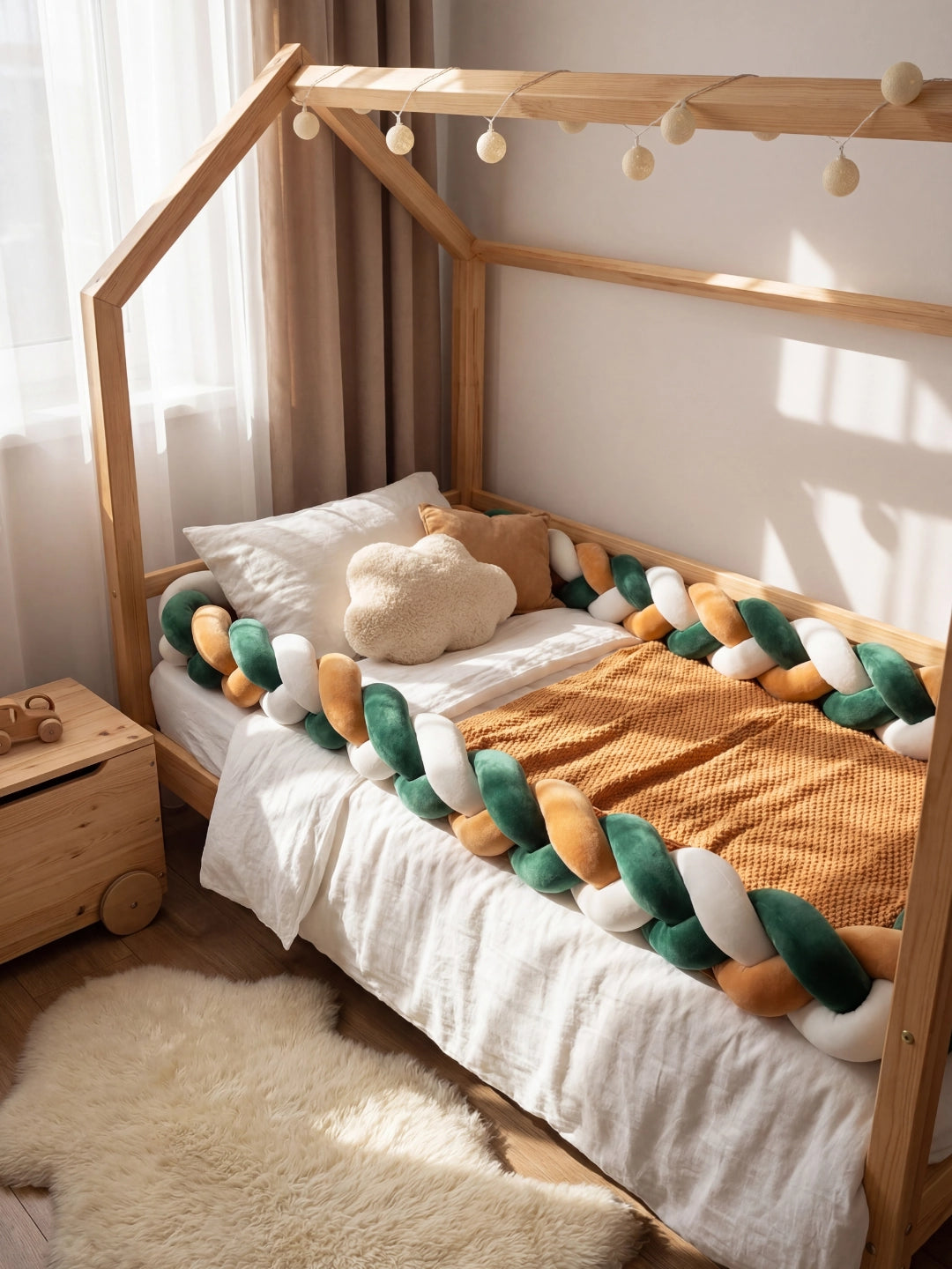 Lit cabane en bois décoré dans un style nature automnal avec une couverture tricotée moutarde et une tresse de lit assortie.