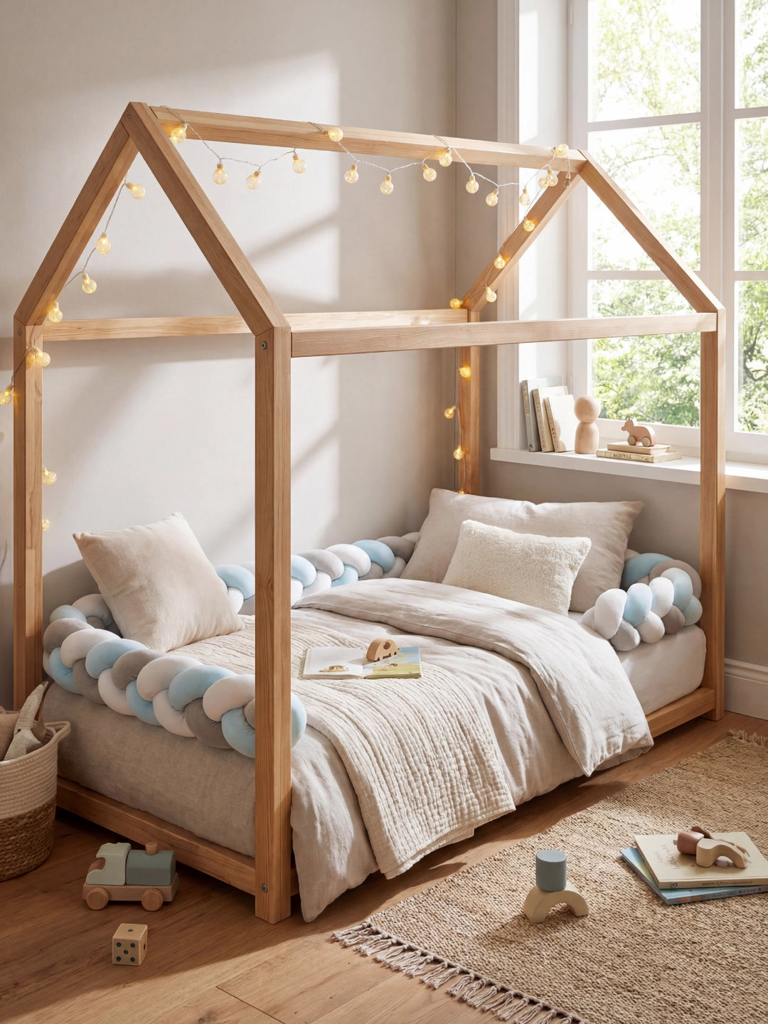 Lit cabane décoré d'une guirlande lumineuse et sécurisé par une tresse de lit bleue, grise et blanche.