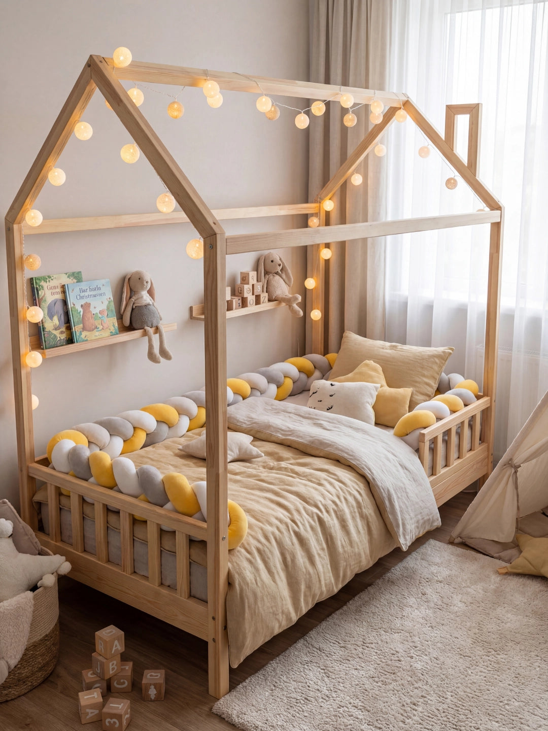 Chambre enfant lumineuse avec un lit cabane décoré de guirlandes et sécurisé par un tour de lit tressé jaune moutarde.