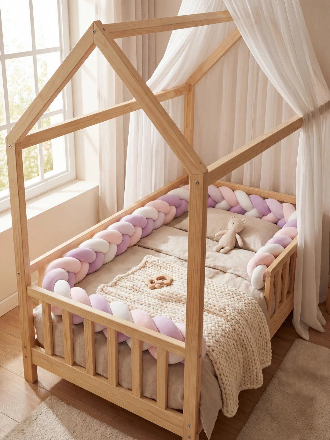 Lit cabane avec ciel de lit blanc, sécurisé par un grand tour de lit tressé lilas, rose et blanc.