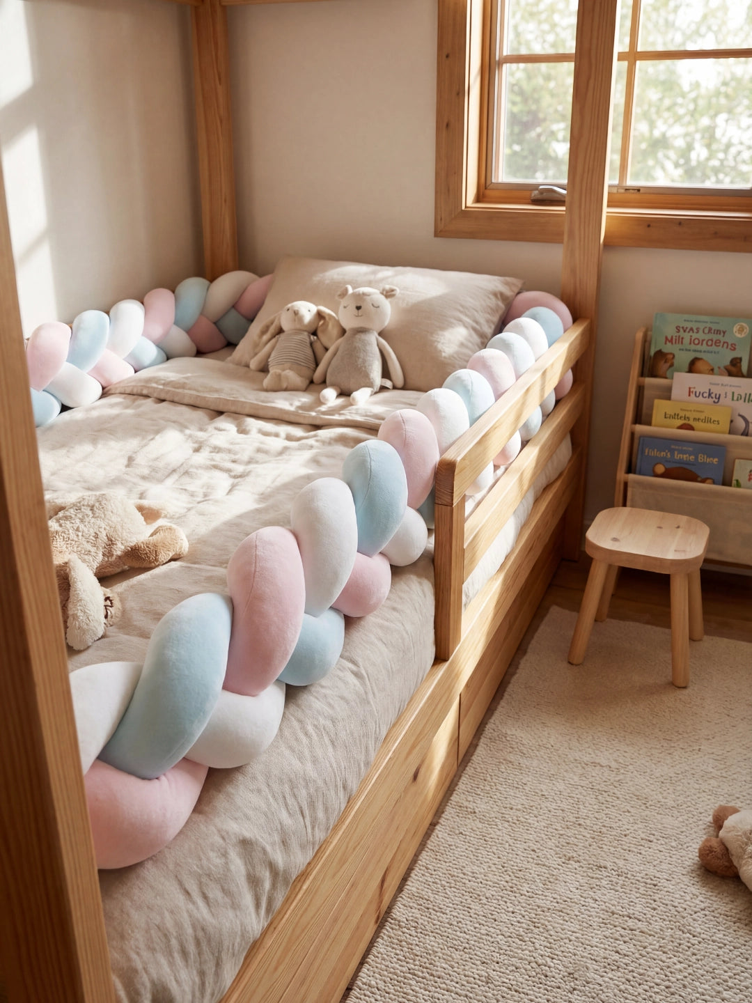 Lit enfant en bois équipé d'un tour de lit tressé multicolore pastel pour sécuriser le couchage tout en douceur.