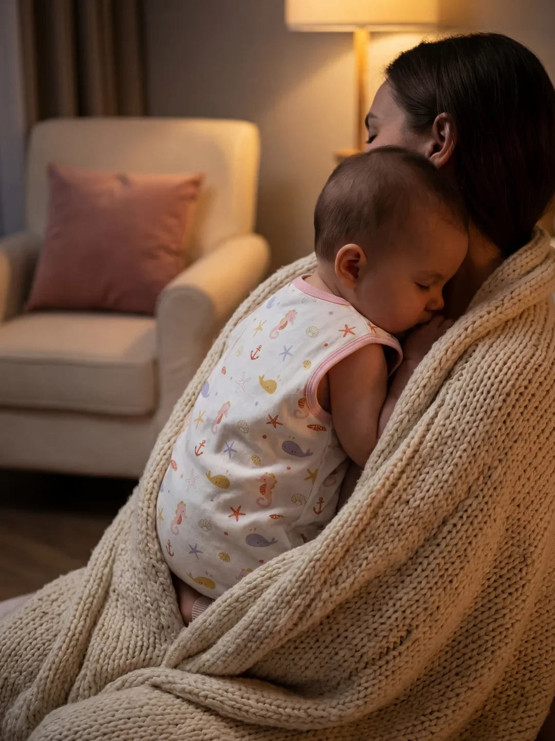 Maman portant bébé endormi dans sa gigoteuse motif océan hippocampes le soir