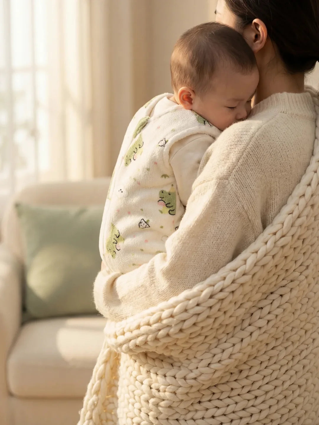 Maman portant bébé endormi dans sa gigoteuse polaire blanche motif dinosaures