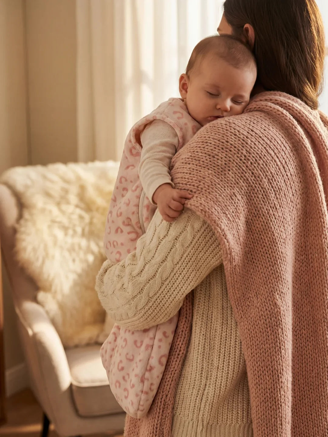 Maman portant bébé endormi dans sa gigoteuse polaire rose léopard dans chambre