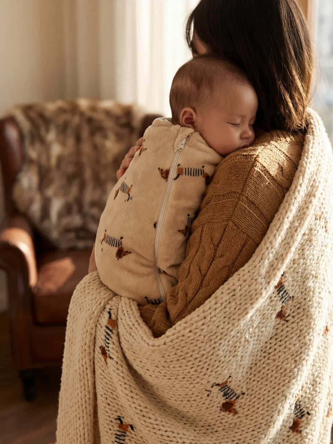 Maman portant bébé endormi dans sa gigoteuse polaire beige motif teckels