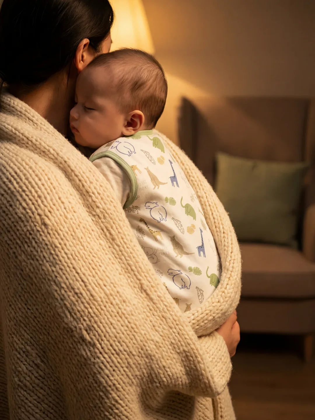 Maman portant bébé endormi dans sa gigoteuse motif safari animaux le soir