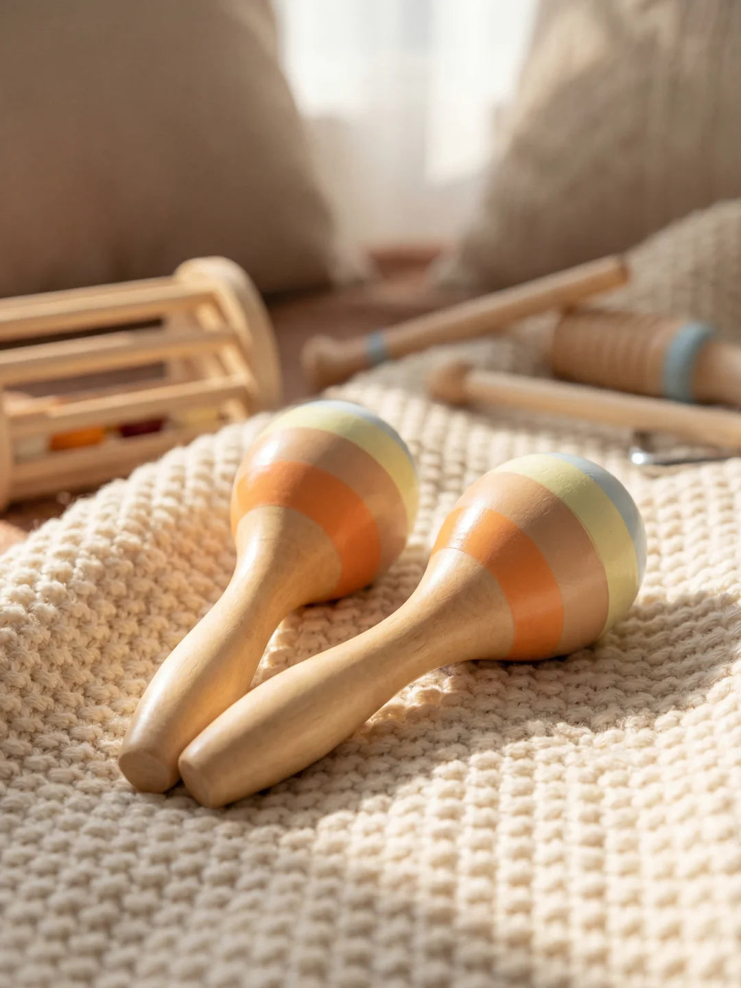 Paire de maracas en bois peintes avec des rayures colorées sur une couverture en laine.