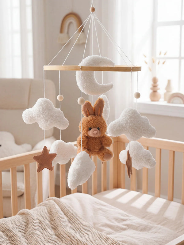 Mobile bébé, Lapin marron, mobile en bois et tissu à suspendre au dessus du lit