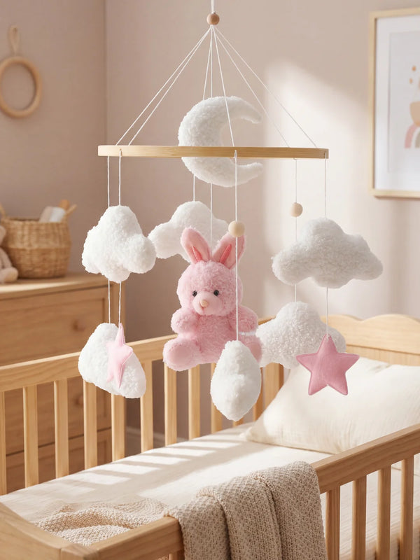 Mobile bébé, Lapin rose, mobile en bois et tissu à suspendre au dessus du lit
