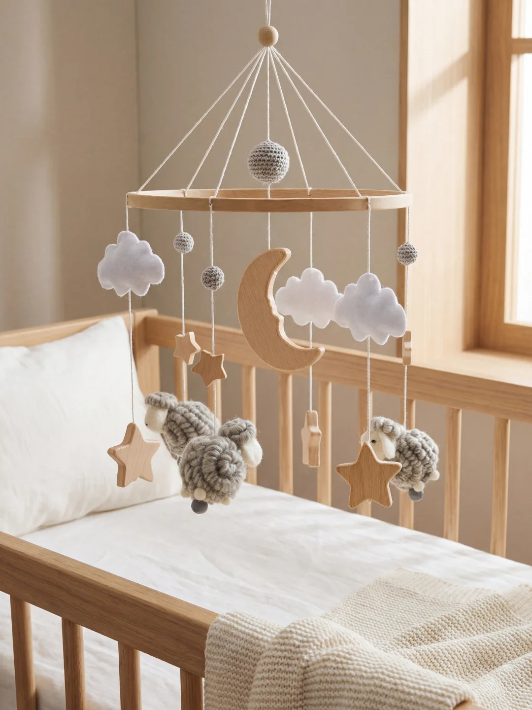 Mobile bébé minimaliste avec moutons en laine grise bouclée et étoiles en bois naturel.