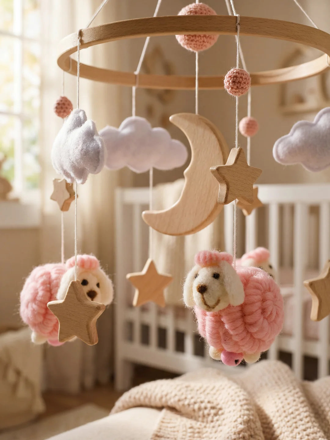Vue rapprochée d'un mobile pour nourrisson avec moutons roses, nuages blancs et lune centrale en bois.