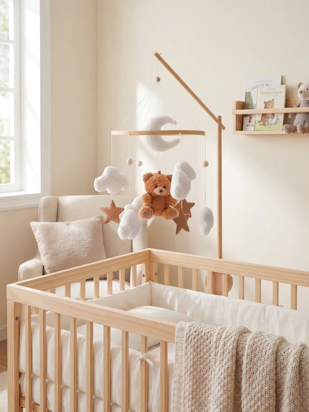 Mobile bébé avec ours en peluche marron, nuages blancs et étoiles installé dans une chambre douce.