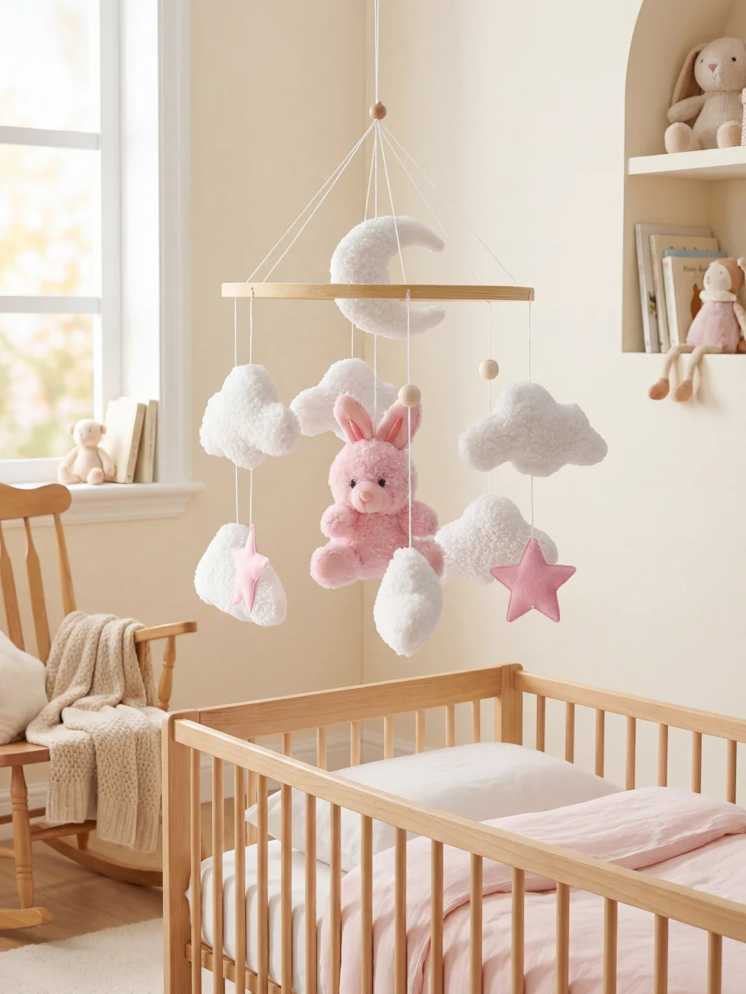 Mobile d'éveil pour nourrisson avec suspensions lapin rose, étoiles roses et nuages blancs.