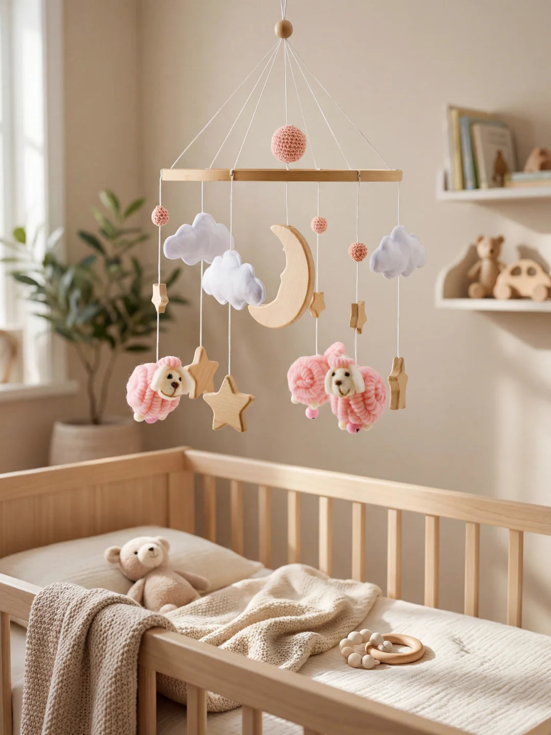 Mobile de lit moutons roses installé dans une chambre de bébé au style scandinave épuré.