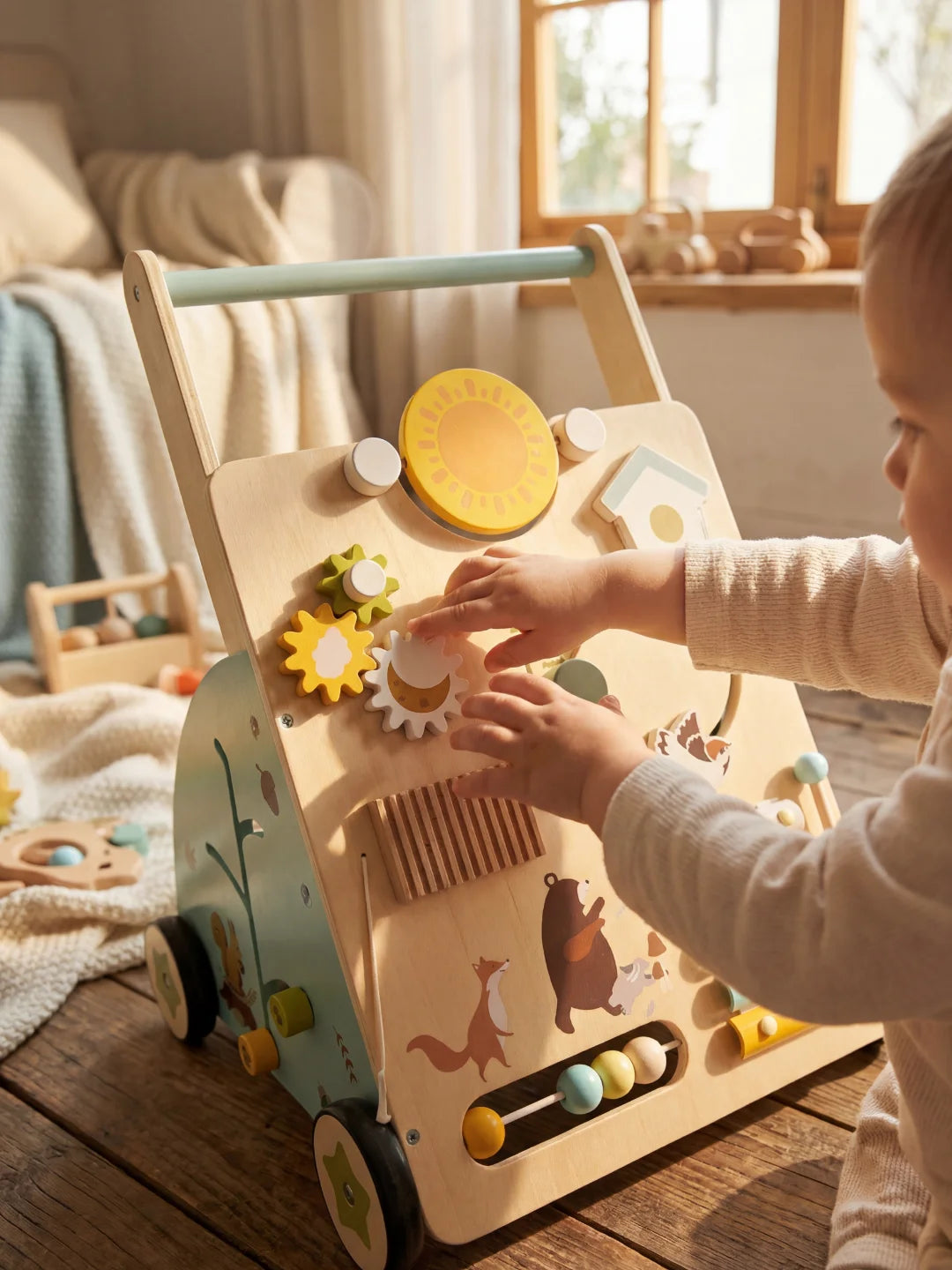 Mains d'un enfant manipulant les engrenages en bois sur le tableau d'activité du P'tit Forestier.