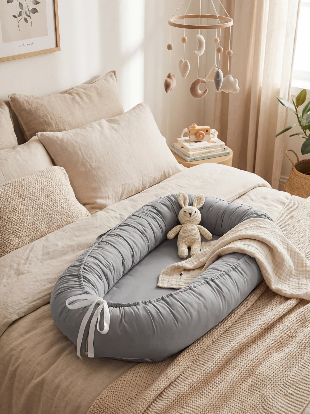 Réducteur de lit gris anthracite minimaliste avec peluche lapin sur un lit parental.