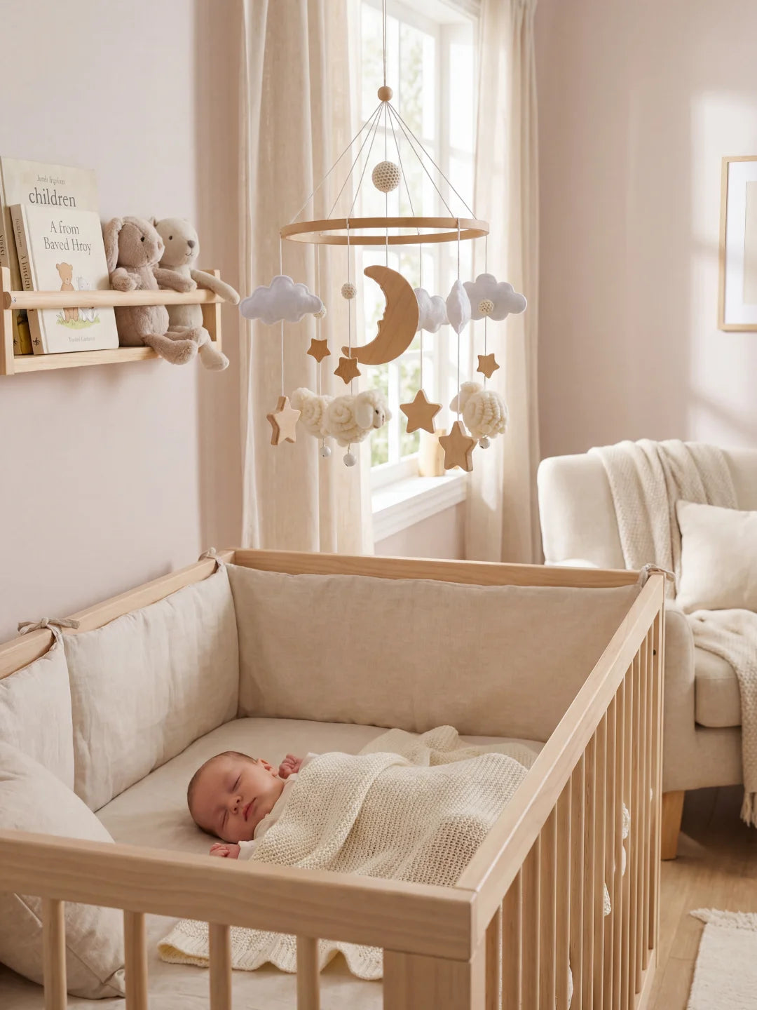 Bébé qui fait la sieste paisiblement sous un mobile moutons crème dans une chambre aux tons poudrés.