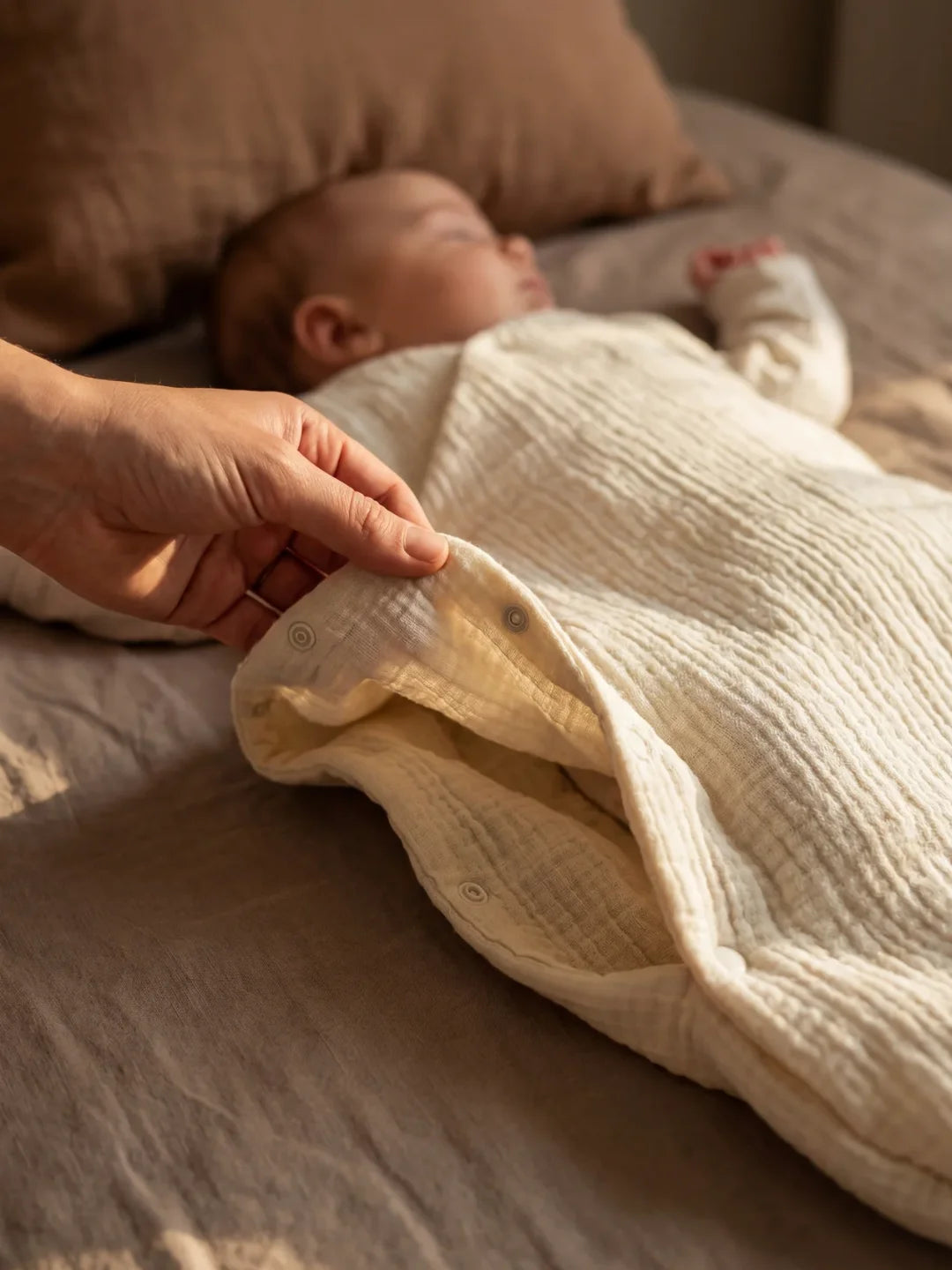 Parent ajustant les boutons pression de la gigoteuse gaze de coton écru sur nouveau-né