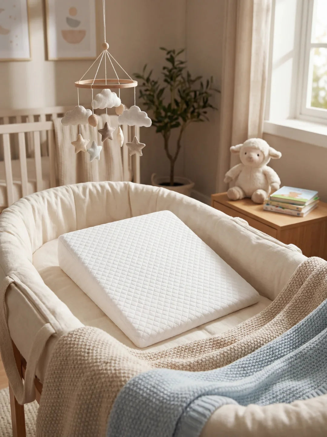 plan incliné blanc anti régurgitation pour bébé posé dans un berceau