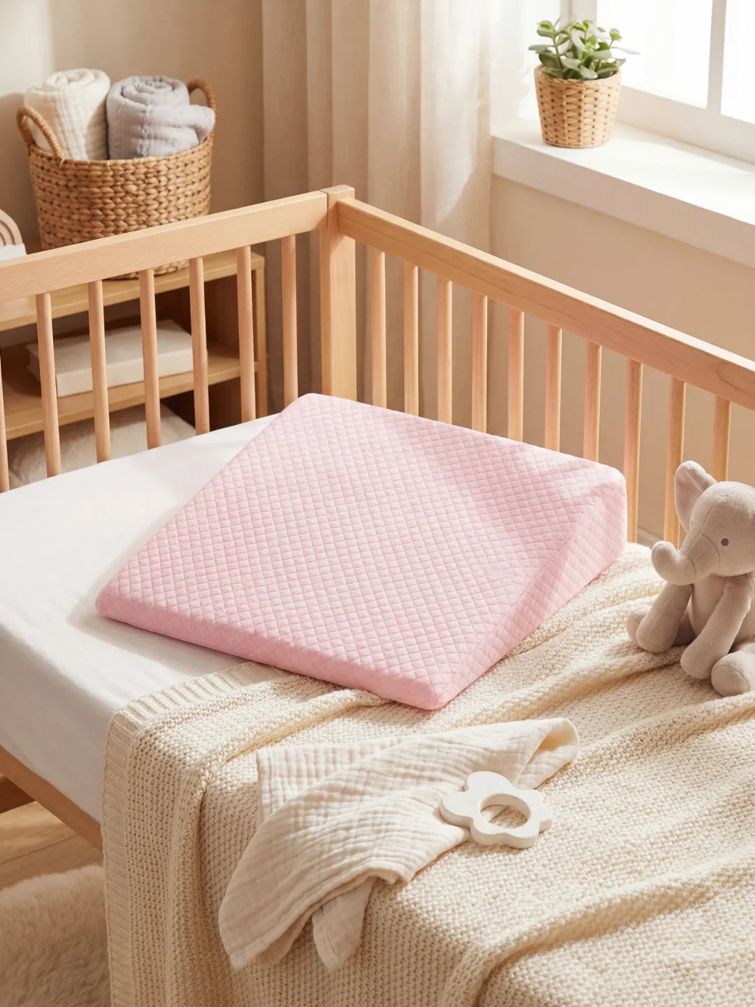 plan incliné rose matelassé pour bébé posé dans un lit à barreaux
