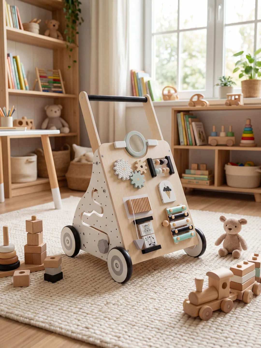 Pousseur bébé en bois au style minimaliste avec jeux d'éveil et motifs à pois.