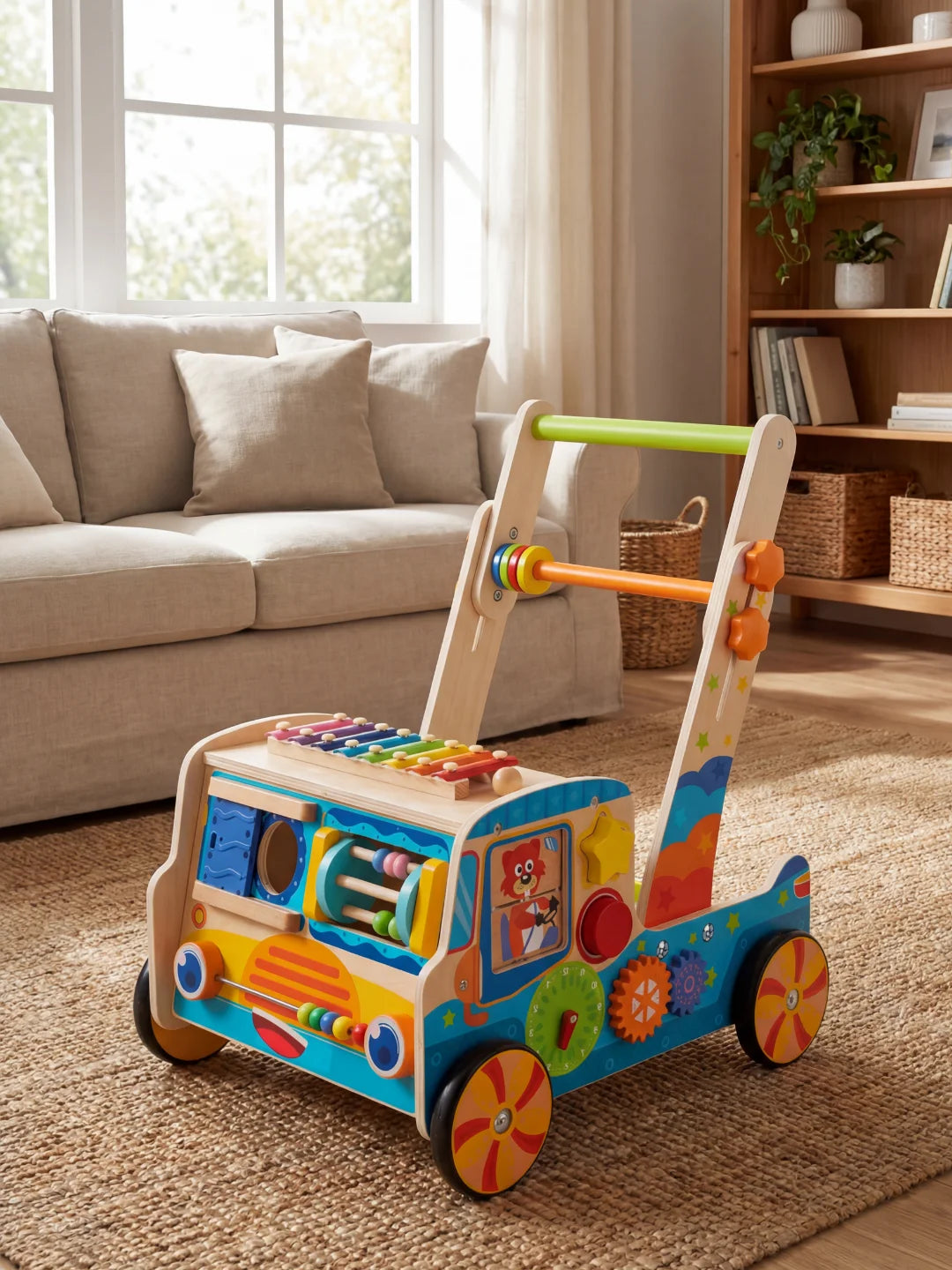 Pousseur bébé multifonction thématique véhicule avec jeux d'éveil et engrenages.