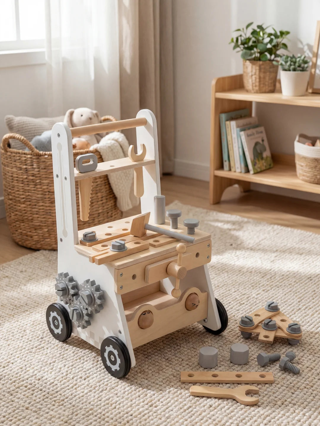 Pousseur bébé en forme d'établi de bricolage avec marteau, clé et vis en bois.