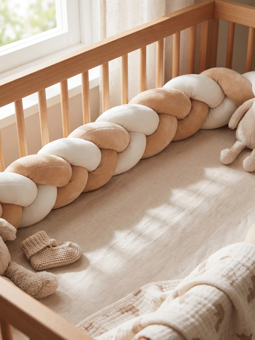 Protection latérale tressée beige et blanche installée contre les barreaux d'un lit bébé standard.