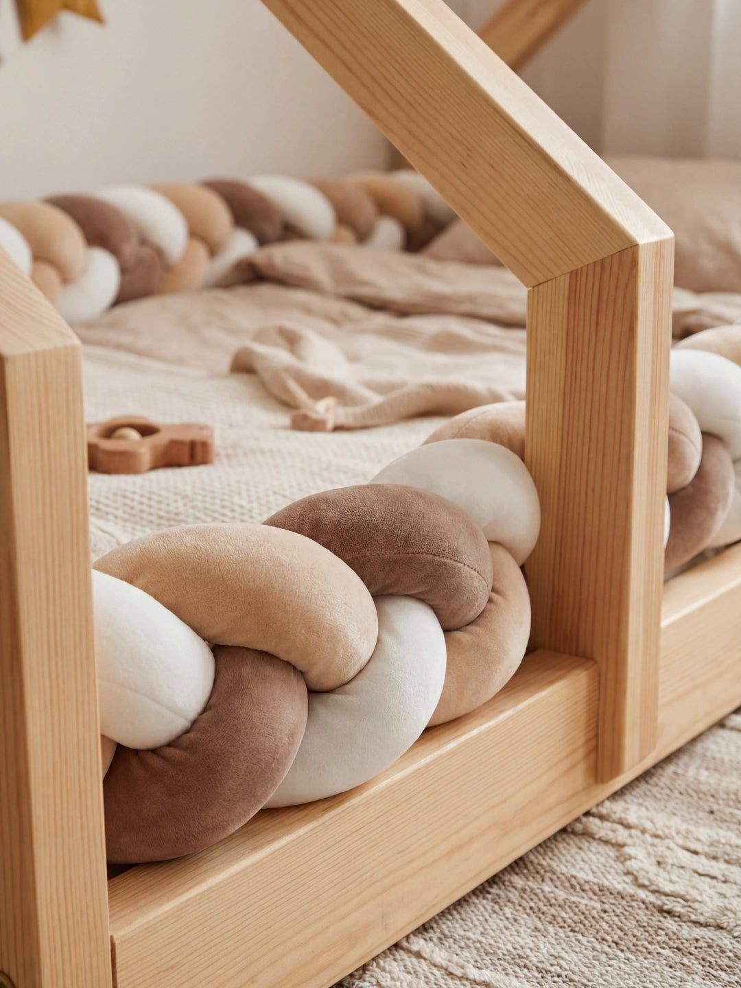 Vue rapprochée d'une protection de contour de lit tressée marron et blanche installée sur un cadre en bois massif.