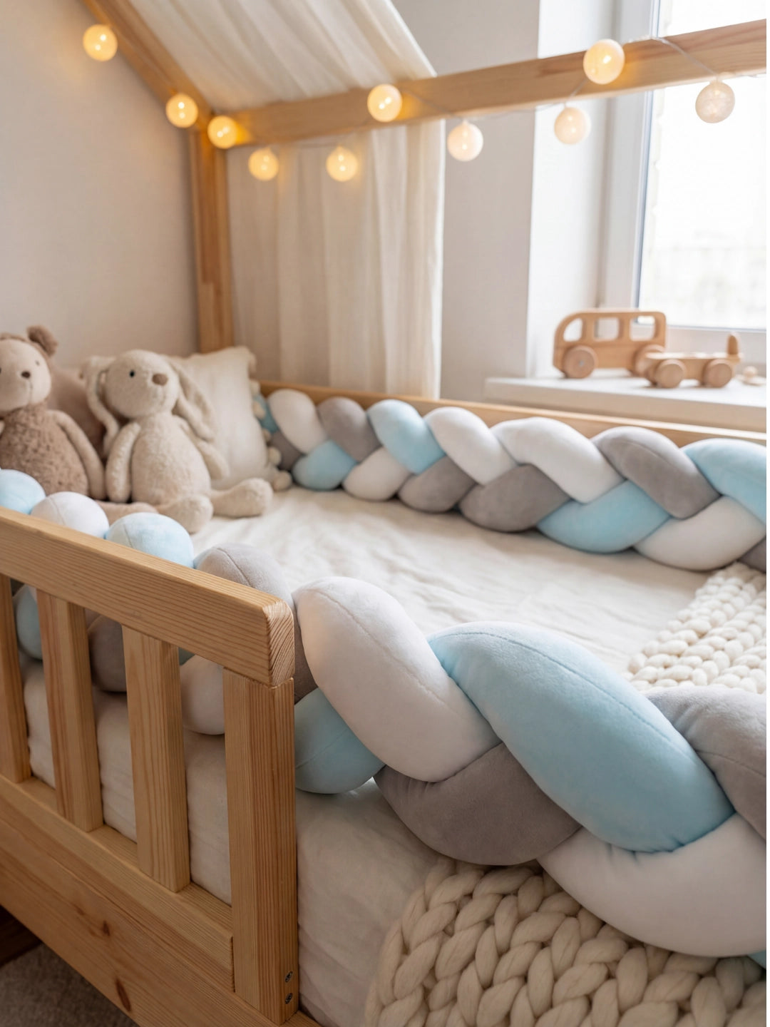 Protection latérale douce en velours bleu et gris installée sur les barreaux d'un lit bébé avec des peluches en arrière-plan.