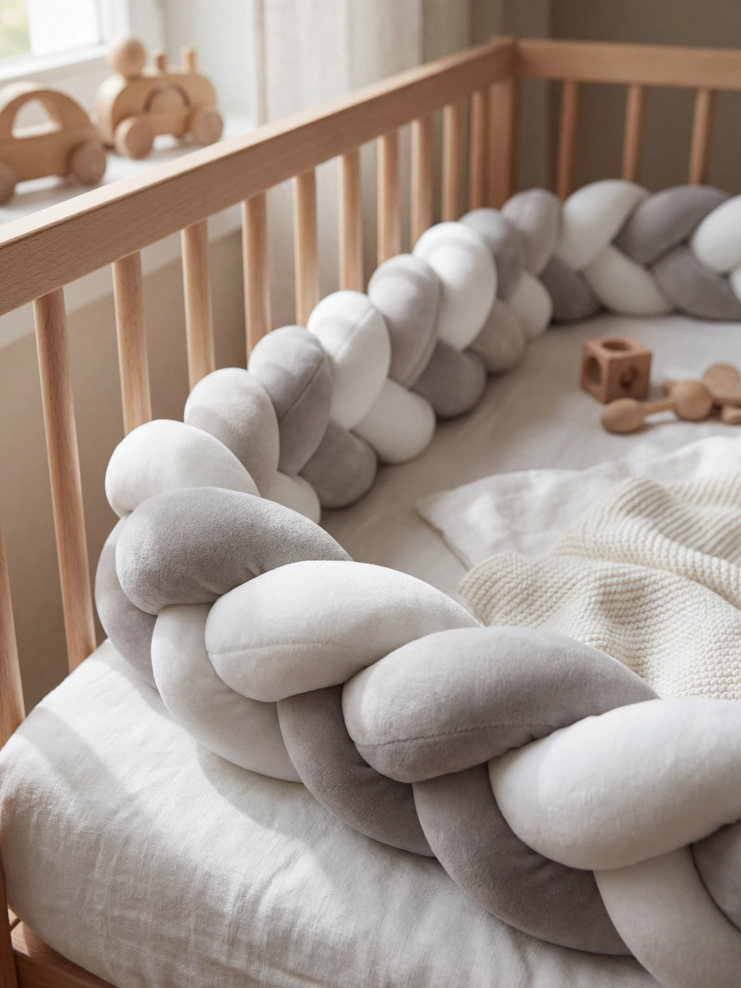 Protection latérale tressée grise et blanche installée dans un lit à barreaux standard pour bébé.