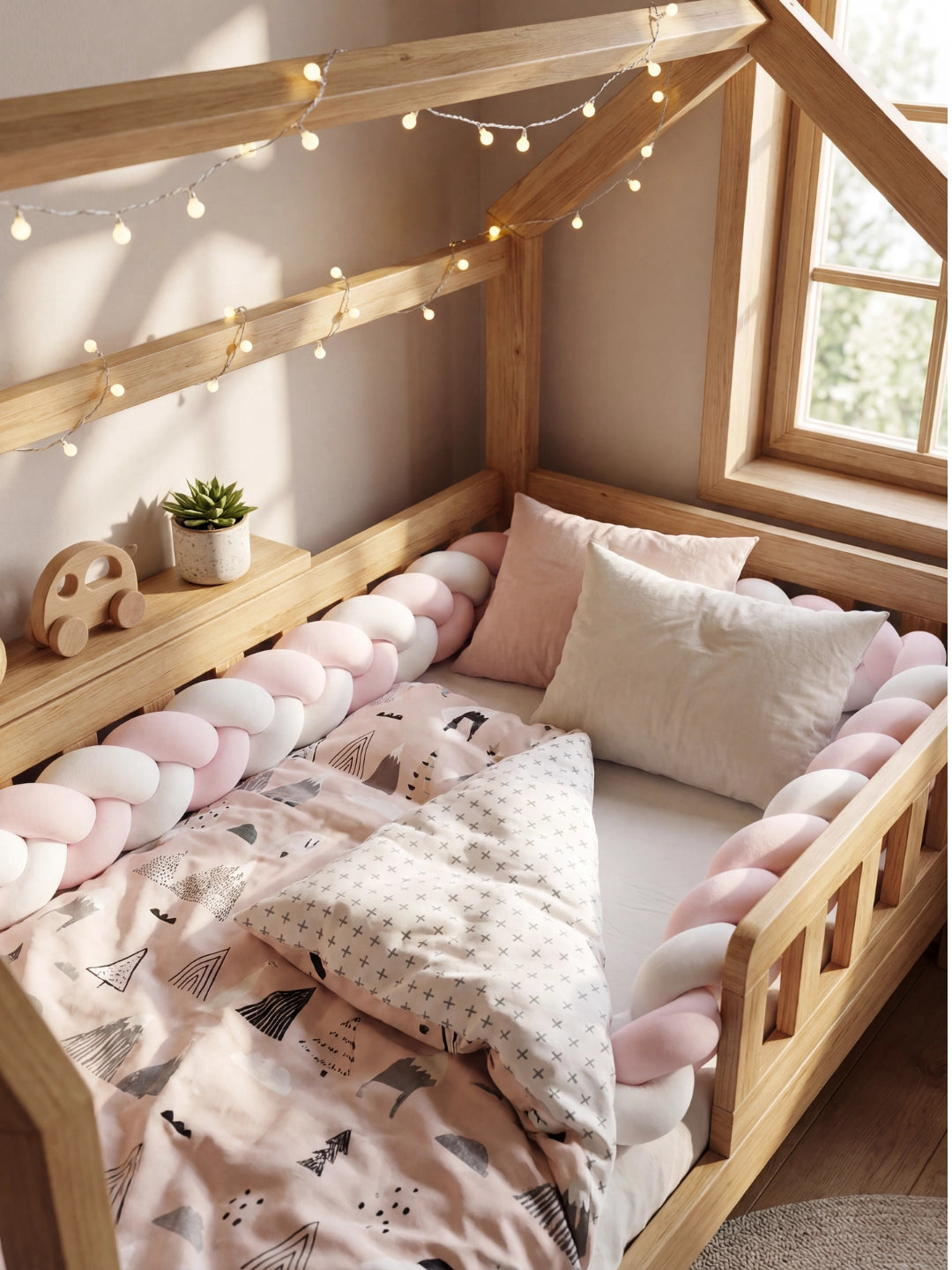 Protection de lit bébé tressée pour éviter les chocs contre les barreaux du lit en bois.