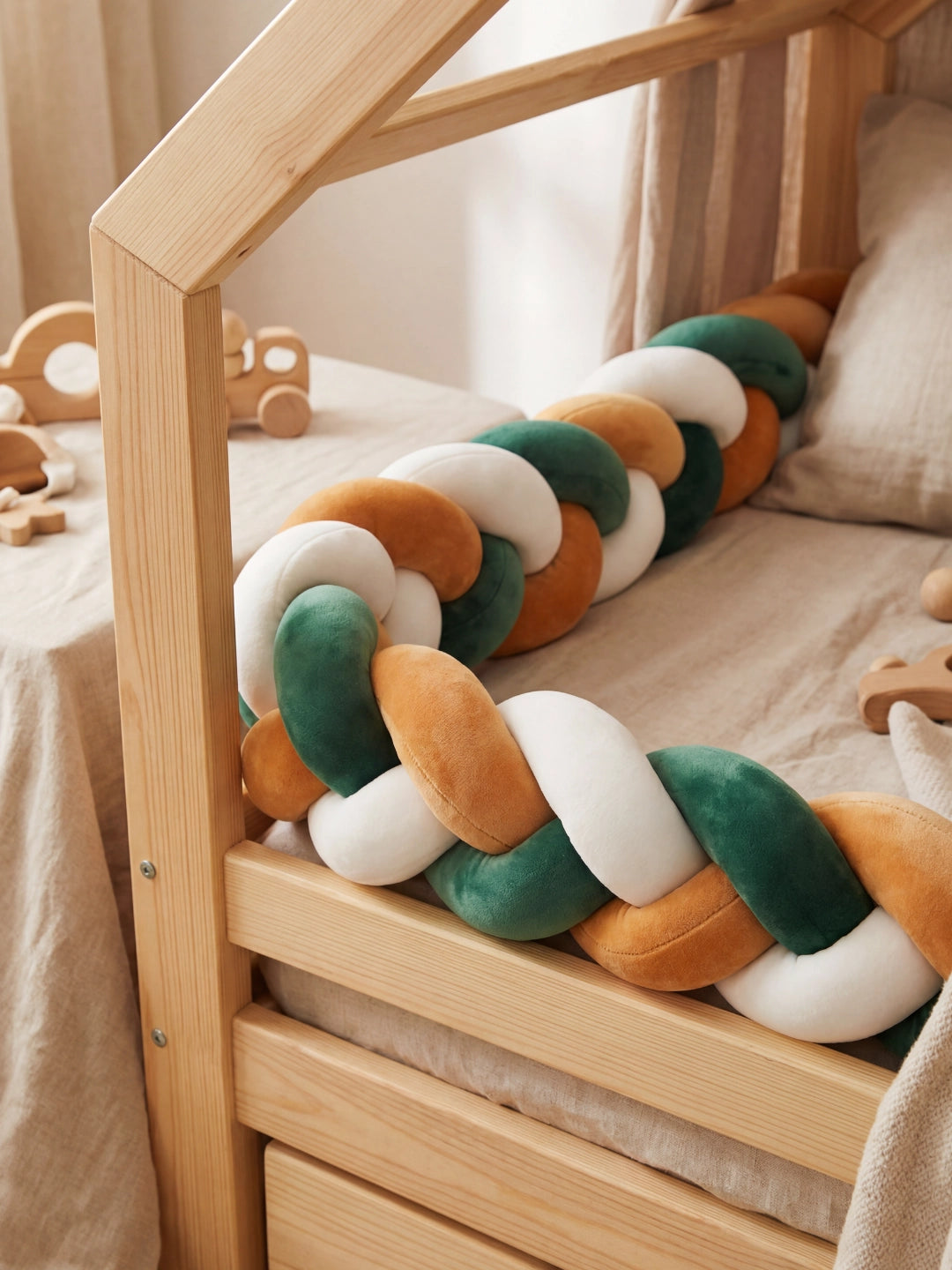 Détail de la protection installée sur le rebord d'un lit cabane, montrant une tresse de lit vert sapin et caramel.