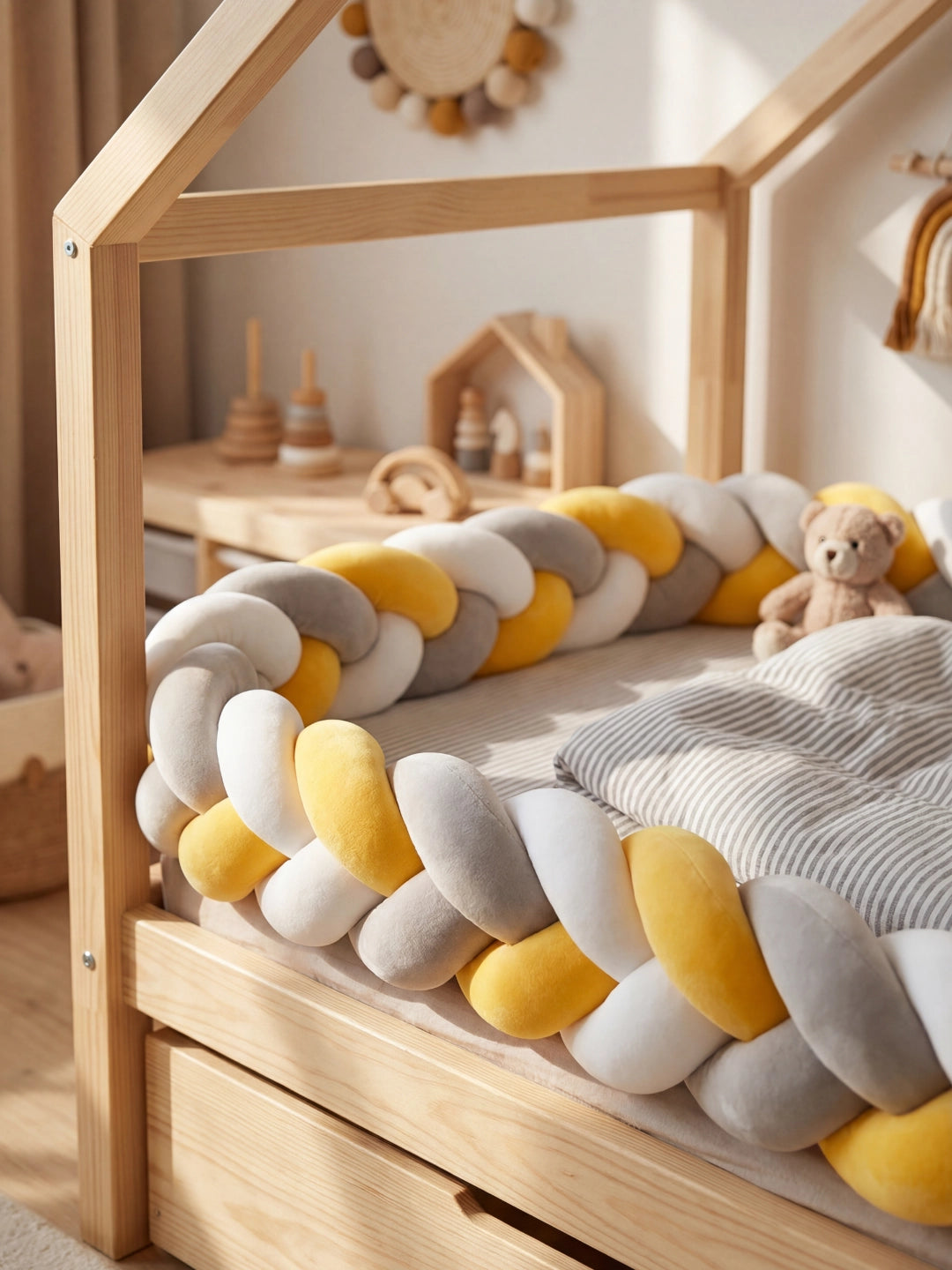 Protection de contour de lit tressée aux couleurs jaune soleil et gris installée sur un lit cabane avec tiroirs.