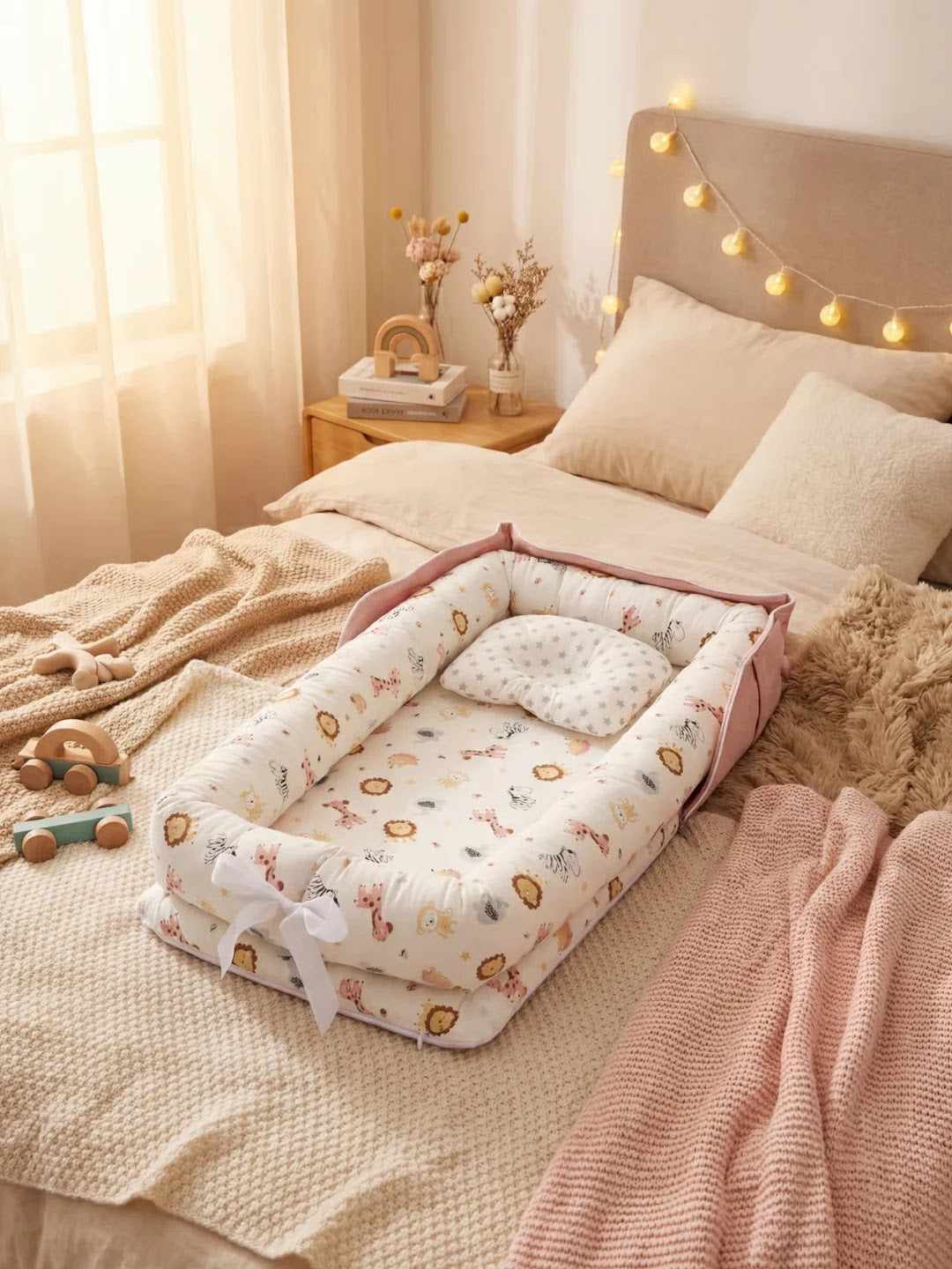 Réducteur de lit avec motifs d'animaux posé sur un lit dans une chambre décorée.