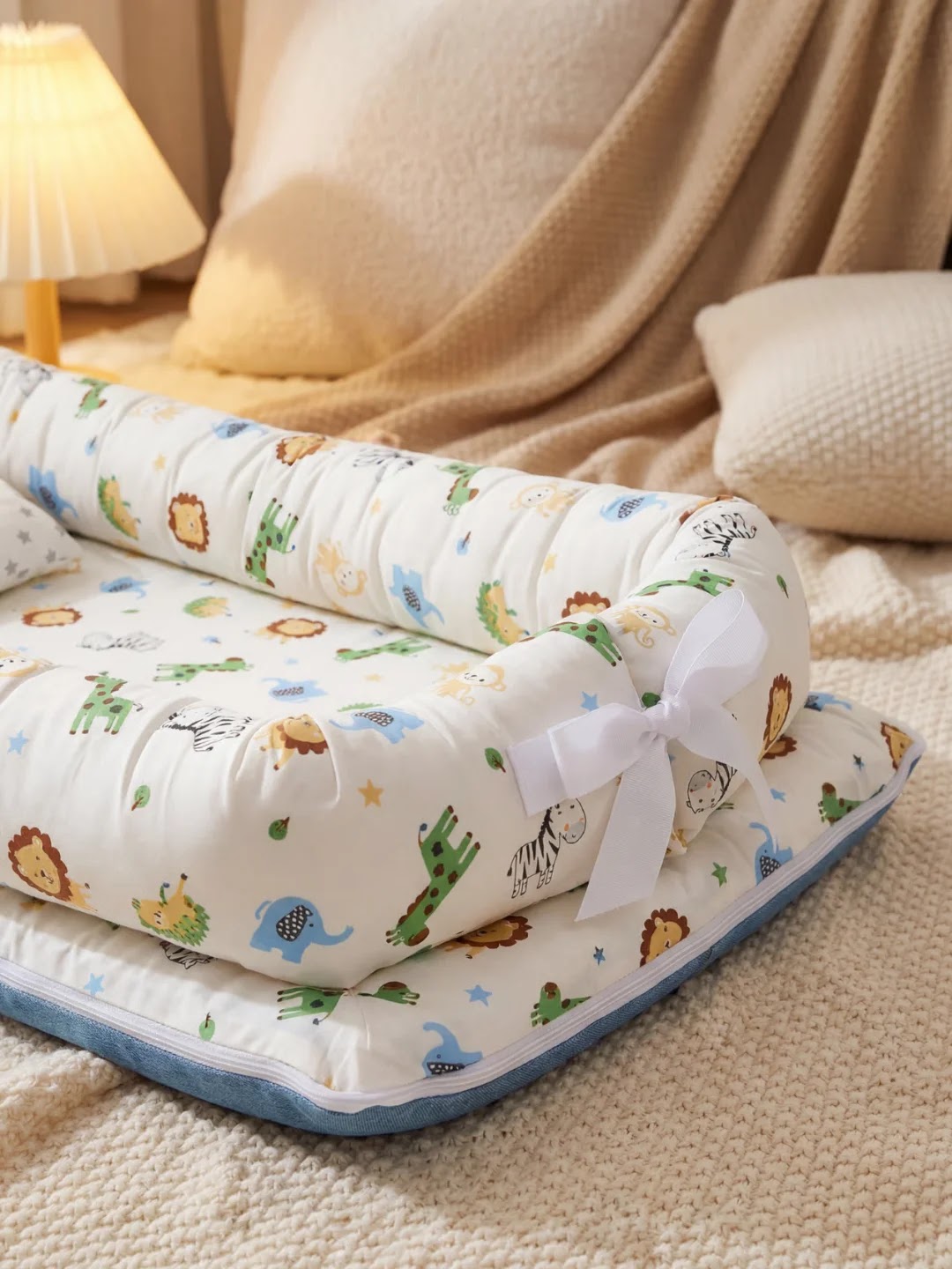 Réducteur de lit avec motifs animaux, profil, posé sur lit beige avec coussins et lampe.