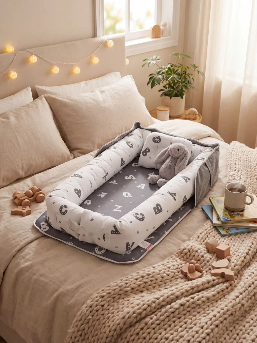 Réducteur de lit bébé motif alphabet gris et blanc dans une chambre de bébé cosy