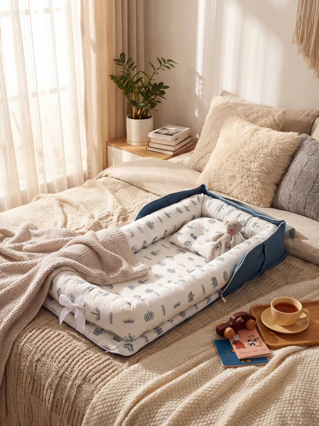 Réducteur de lit bébé bleu motif couronnes posé sur un lit avec coussins
