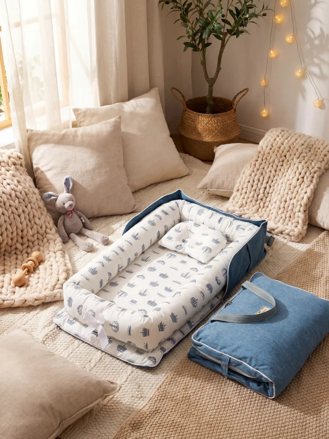 Réducteur de lit bébé bleu avec motif couronnes déplié au sol avec son sac de transport