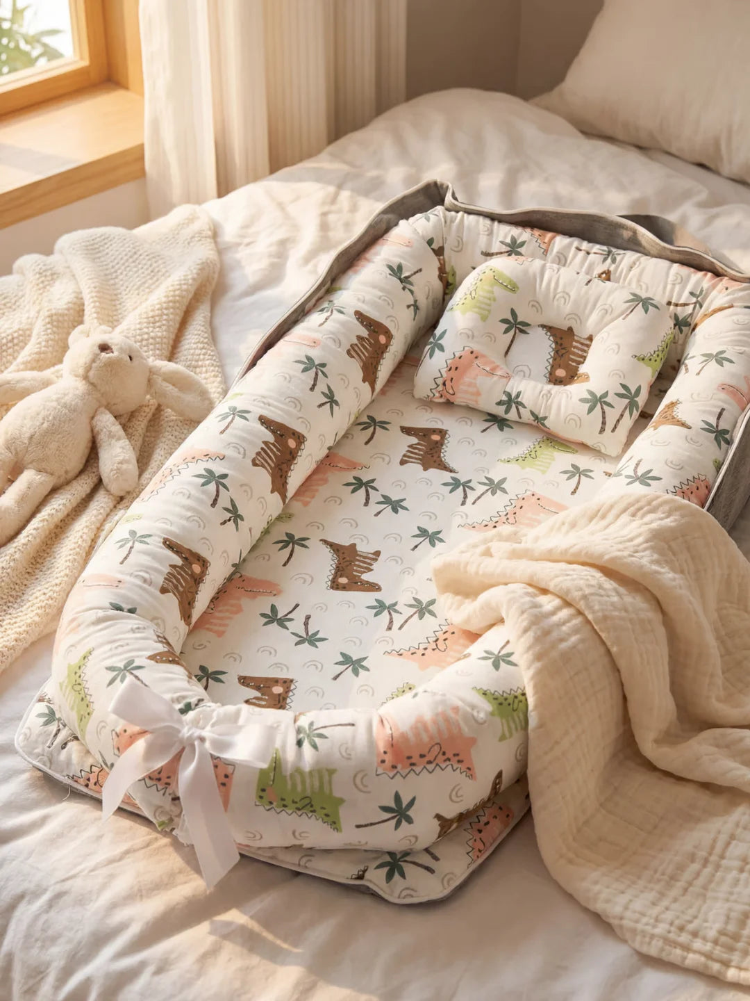 Réducteur de lit bébé motif dinosaures et palmiers vu de dessus avec noeud blanc