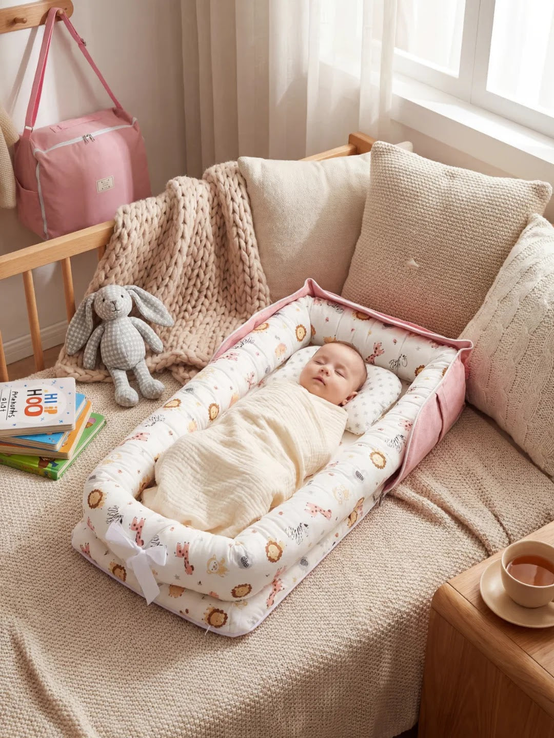 Bébé endormi dans un réducteur de lit à motifs animaux sur un canapé beige avec couverture et jouet lapin.
