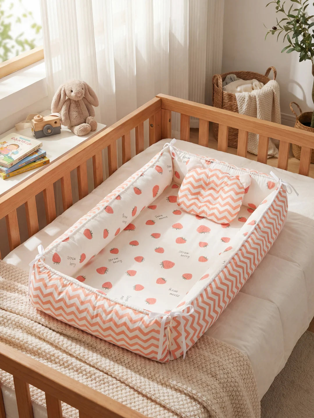 Réducteur de lit bébé blanc avec motifs fraises et bords à chevrons roses dans un berceau en bois.