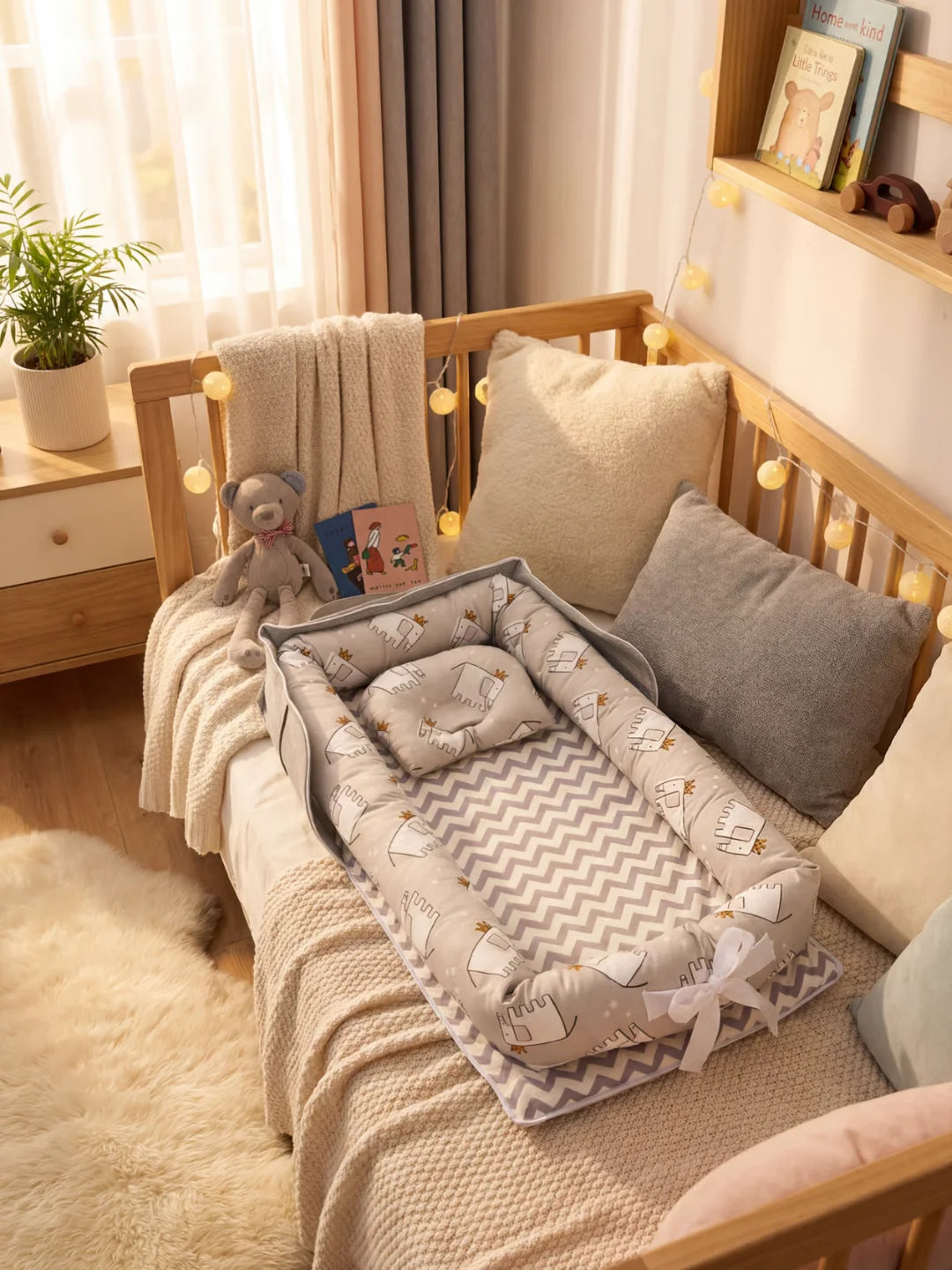 Vue plongeante du réducteur de lit bébé gris motif éléphants dans un lit à barreaux en bois