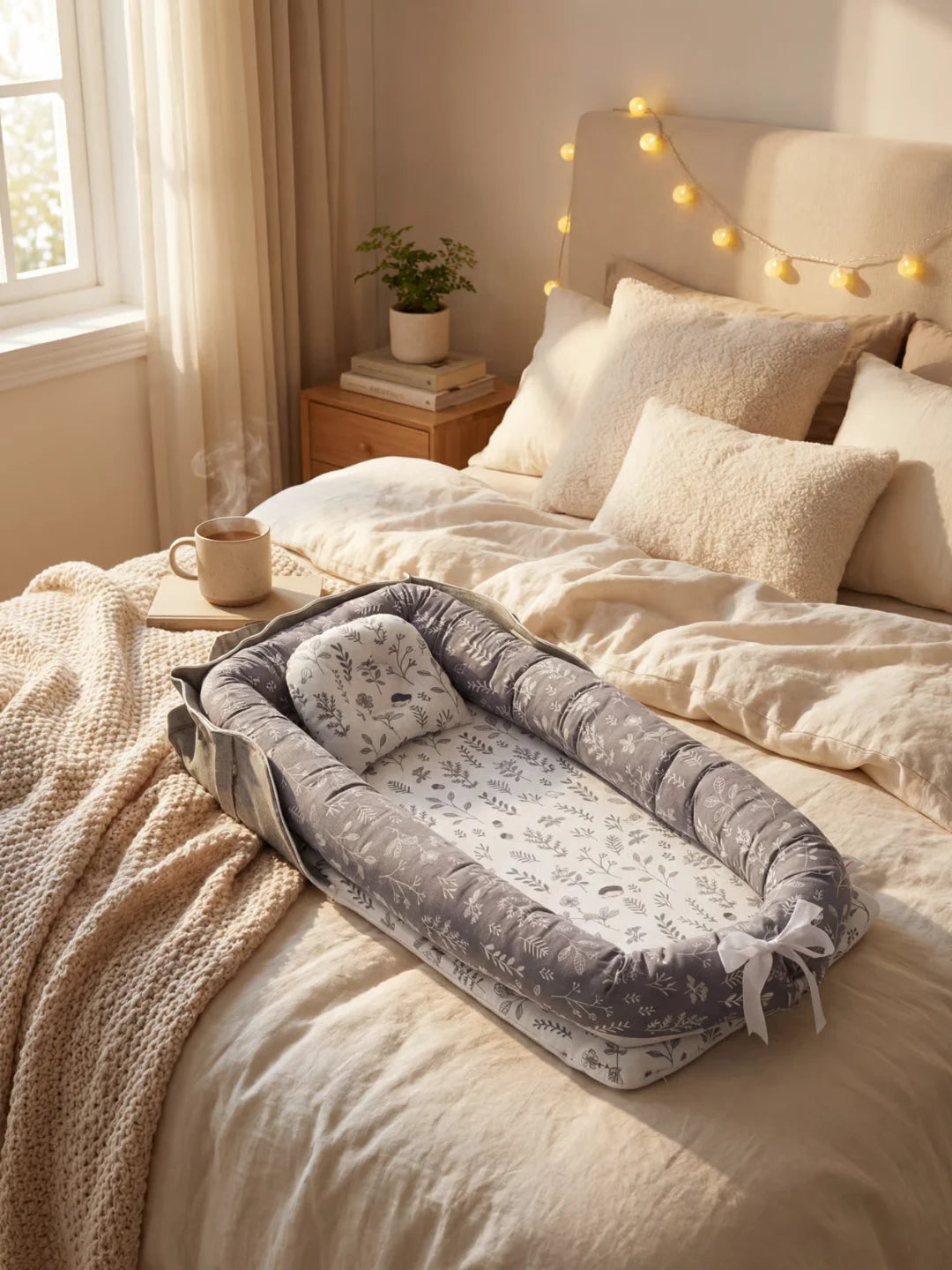 Réducteur de lit bébé gris motif feuillages vu de côté sur un lit dans une chambre cosy